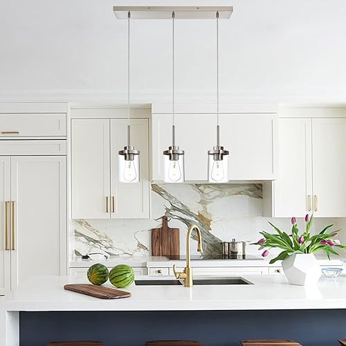 Miniatura 6 de Lámparas colgantes con pantalla de vidrio transparente, lámparas de isla de níquel cepillado, 3 luces, iluminación colgante para cocina, isla y