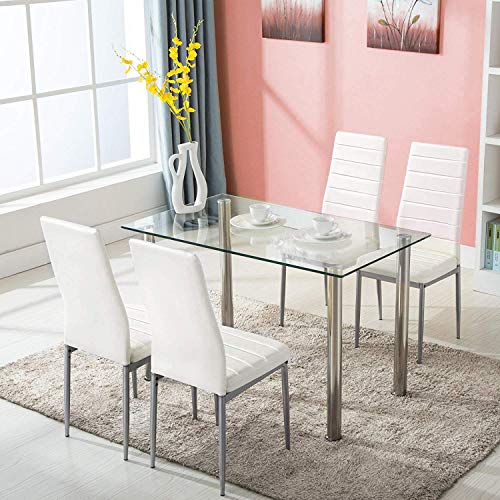 Joybase 5 Piece Dining Table Set, Tempered Glass Top Table With 4 Leather Chairs, For Kitchen Dining Room, White #TOP12