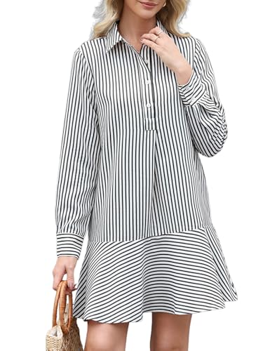 Image of EZAPINE Womens Striped Shirt Mini Dress Long Sleeve Collared Ruffle Hem Button Up Tunic Flowy Swing Dresses