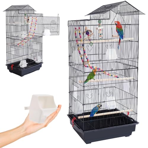 BAKAJI Gabbia Voliera per Uccelli, Pappagalli Inseparabili, Calopsite, Parrocchetti, Volatili, in Metallo e Legno Nera con Giocattoli, Accessori, Gabbietta con Scaletta e Vaschetta Rimovibile