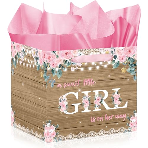 Woosytoo Extra Large Rustic Girl Gift Bag, Floral Sweet Baby Girl Square Gift Bag with Tissue Paper A Sweet Little Girl is on Her Way Wrapping Paper Bags for Baby Shower Gender Reveal Party Favors