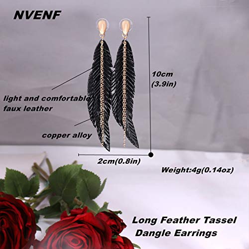 Nvenf Feather Tassel Dangle Earrings For Women Bohemian Faux Leather Plume Gold-Tone Metal Chain Fringe Statement Drop Earrings Vintage Ethnic Style Jewelry (Black) #TOP2