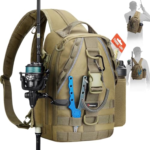 Piscifun Fishing Backpack with Rod Holder, Lightweight Sling Bag Storge Gear and Equipment, Khaki...