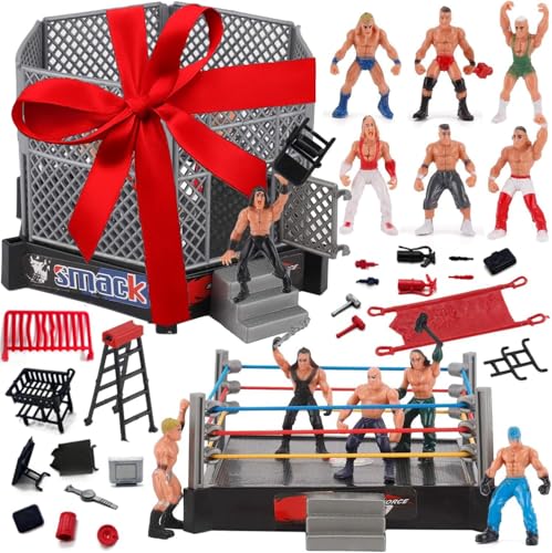 Toyvelt 32-Piece Wrestling Toys For Kids - WWE Wrestler Warriors Toys With Ring & Realistic Accessories - Fun Miniature Fighting Action Figures Includes 2 Rings - Great Gift For Boys and Girls