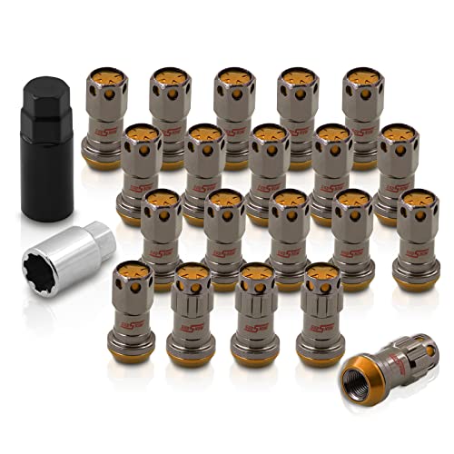 AJP Distributors 20 Piece Universal M12x1.25 Open or Closed End Steel Lug Nuts, 20pc M12 x 1.25MM Lug Nut Set + Locking Adapter Key Socket Wheels Rims JDM VIP Kit Gunmetal Body Gold Cap