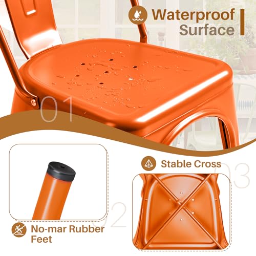 Image of Furmax Metal Dining Chair Indoor Outdoor Use Stackable Classic Trattoria Chair Chic Dining Bistro Cafe Side Metal Chairs Set of 4 (Orange)