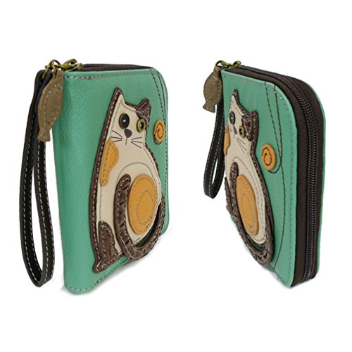 CHALA Zip Around Wallet, Wristlet, 8 Credit Card Slots, Sturdy Pu Leather - LaZzy Cat - Teal - Thumbnail 2