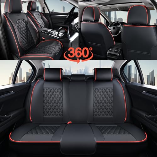 Image of Coverado Full Set Car Seat Covers, Luxury Faux Leather Waterproof Seat Covers, 5-Seat Universal Fit, Front & Back Car Seat Protectors,Leather Seat Covers for Most Cars-Black & Red Line