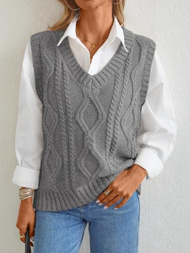 Trendy Queen Women' s Oversized V Neck Sweater Vest Sleeveless Cable Knit Casual Pullover Tops2