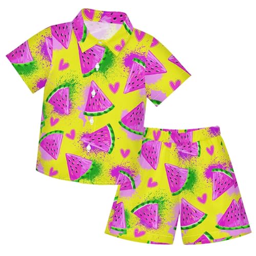 Image of Sunflower Floral Yellow Black Short Sleeve Hawaiian Button Down Shirts and Short Sets for Boys Toddler Summer Outfits