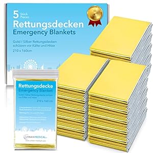 URBAN MEDICAL Premium Rettungsdecken | Schutz vor Kälte und Hitze | 5-15 Stück | Doppelseitige Notfalldecken – Gold/Silber | Große Rettungsfolien für Erste Hilfe | 210 x 160 cm