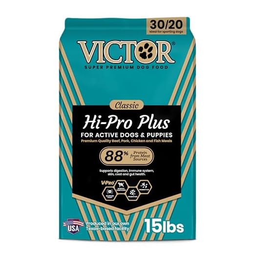 VICTOR Super Premium Dog Food – Hi-Pro Plus Dry Kibble – High Protein Dog Food with 30% Protein – Beef, Chicken, Pork, Fish Meals, Gluten Free - for High Energy and Active Dogs & Puppies, 15lbs