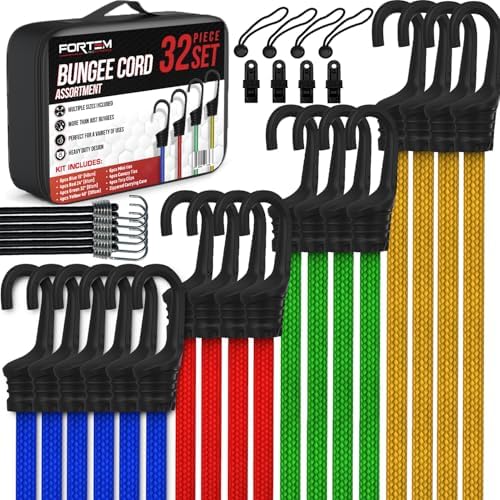 FORTEM Bungee Cords with Hooks, 32pc Bungie Cords Multi Pack, Canopy Ties, Tarp Clips, Ball Bungees, Plastic Coated Metal Hooks, Cargo Net, Heavy Duty