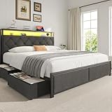 Fluest Queen Bed Frame with 4 Drawers, Upholstered Headboard with Storage, Fast Charging Station, LED Lights, Bed Frame Queen Size with Fabric Drawers, No Box Spring Needed, Easy Assembly, Grey