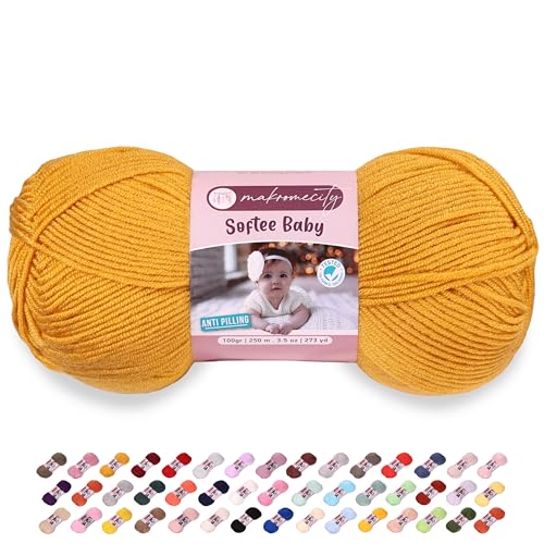Image of Makromecity Softee Baby Yarn,%100 Premium Anti-Pilling Acrylic, 3.5 Oz, 273 yd (100gr /250 mt), Soft Yarn for Crocheting and Knitting (Mustard, 1 Skein)