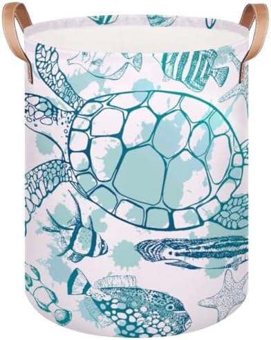 Large Laundry Hamper Basket Ocean Theme Round Freestanding Clothes Basket, Sea Turtle Collapsible Storage Organizer Bin with Leather Handles for Dirty Clothes Toys, Nursery Home Storage 16"W x 20"H image 5
