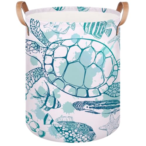 Image of Large Laundry Hamper Basket Ocean Theme Round Freestanding Clothes Basket, Sea Turtle Collapsible Storage Organizer Bin with Leather Handles for Dirty Clothes Toys, Nursery Home Storage 16"W x 20"H