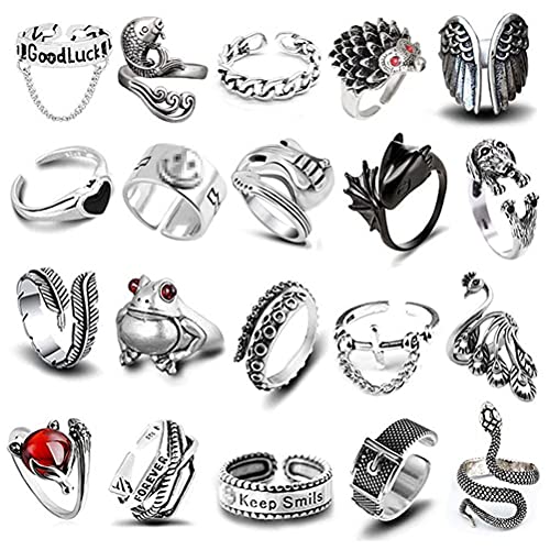 FSDELIV Lot de 20 bagues vintage punk pour homme et femme - Bague empilable gothique et tête de mort serpent, dragon cool, gothique, punk, bague ouverte empilable, bague boho réglable Cover