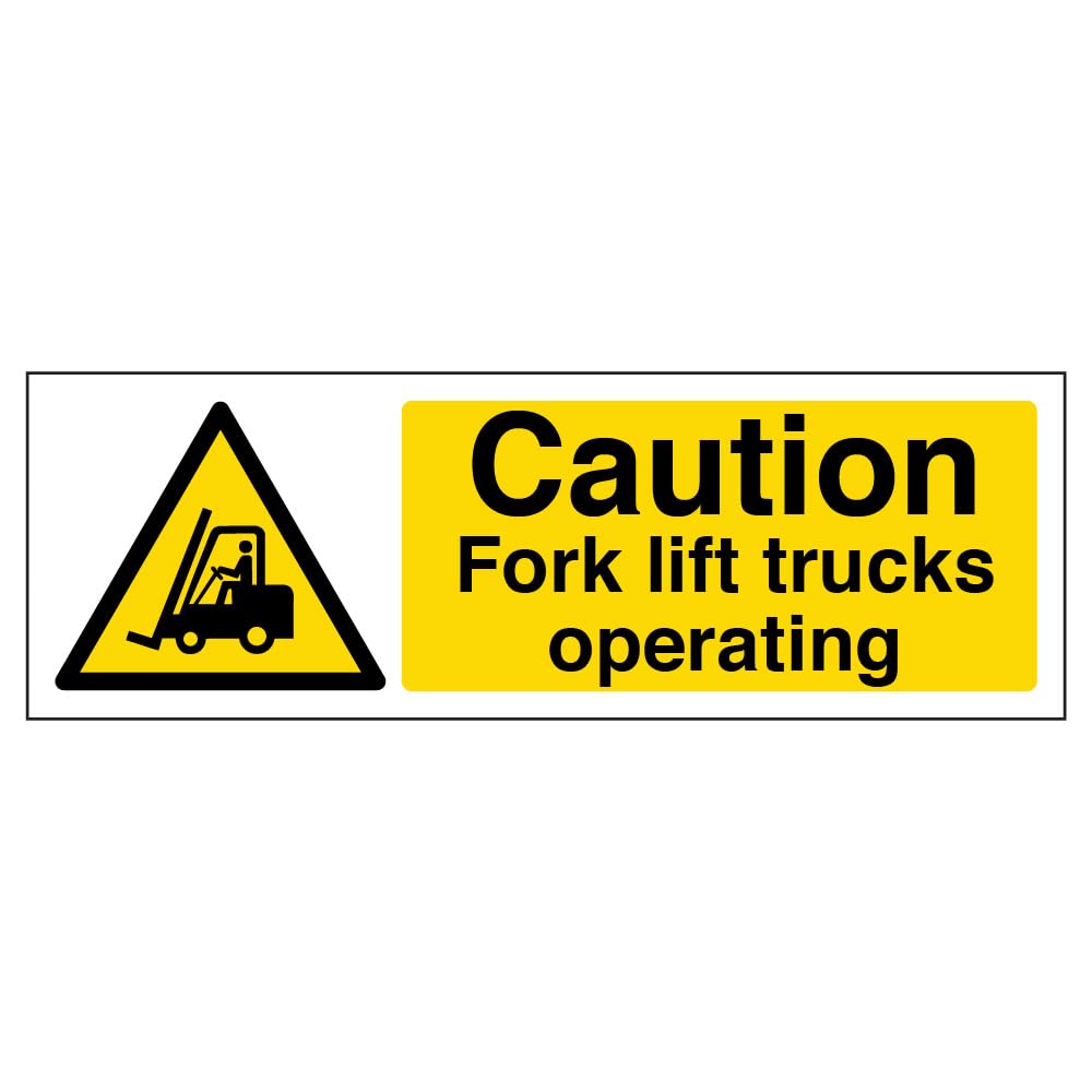 VSafety Caution Fork Lift Trucks Operating Sign - Landscape - 300mm x 100mm - 1mm Rigid Plastic
