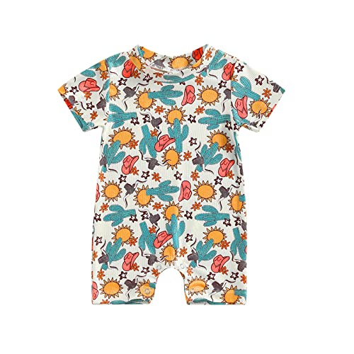 Image of Muasaaluxi Western Baby Girl Boy Clothes Short Sleeve Cow Print Romper One Piece Bodysuit Shorts Summer Outfit