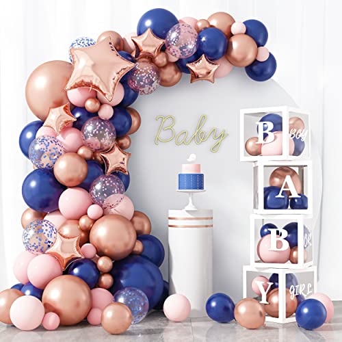 Rubfac 123Pcs Baby Boxes Gender Reveal Balloon Decorations, Rose Gold Navy Blue Balloon Garland Kit 4Pcs Baby Boxes With Letters (A-Z+Baby) For Baby Shower Boy Or Girl Gender Reveal Party Supplies #TOP25