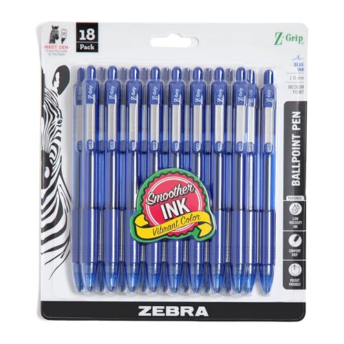 Image of Zebra Pen Z-Grip Retractable Ballpoint Pen, Blue Ink, 1.0mm, 18-Pack | Smooth Writing, Medium Point Tip, Ideal for Planners, Note-Taking, School and Office Supplies, and Everyday Writing (22258)