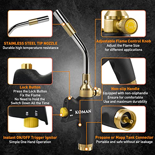 Koman Propane Torch Head,Trigger Start Mapp Gas Torch Kit With Self Ignition, Welding Torch Head By Mapp, Map/Pro,For Soldering,Brazing,Stripping Paint,Cooking(Csa Certified) #TOP1