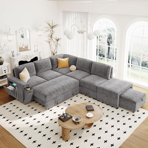 Image of Merax L-Shaped Modular Sofa with Removable Storage Ottoman, USB Ports and Cup Holder, Upholstered Sectional Couch & Armrest, Free Combination Indoor Furniture for Living Room, Apartments, Gray