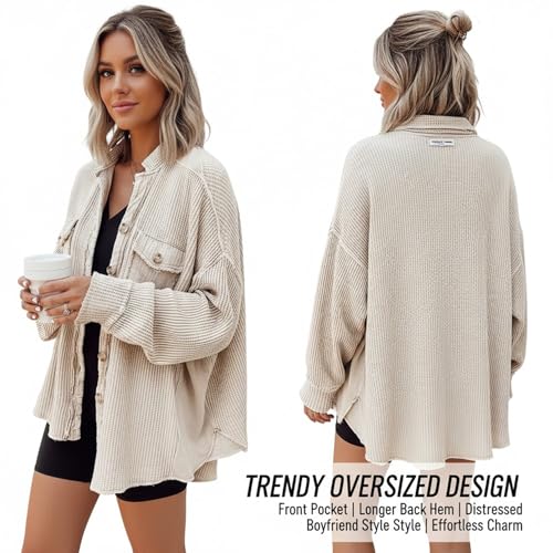 Women's Batwing Sleeve Waffle Knit Button down Shirt Shacket Tops, Jacket for Women 2025 Waffle Knit Tops3