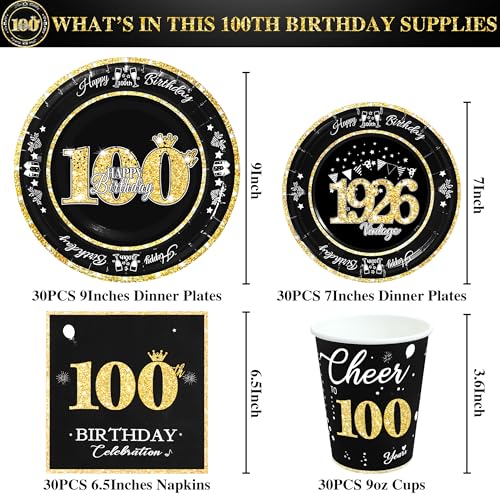 Image of 100th Birthday Decorations Black and Gold, Service for 30, Vintage 100th Birthday Party Supplies Includes Black Vintage 1926 Plates,Napkins,Cups, Plates and Napkins for Men Women