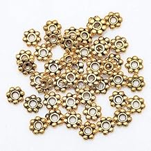 Calvas 1000pcs 4mm Tibetan Gold Silver Tone Circle Flower Metal Spacer Beads for Needlework Round Daisy Wheel Charms for Jewelry Making - Color Antique Gold