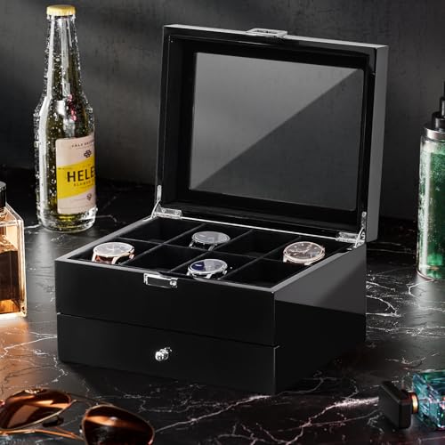 ProCase Uhrenbox mit 8 Fächern, Uhrenkasten Uhrenkoffer mit Glasdeckel Uhrenkissen, Uhrenschatulle für Schmuck Ringe Armbänder Halsketten - 8 Slot, Schwarz