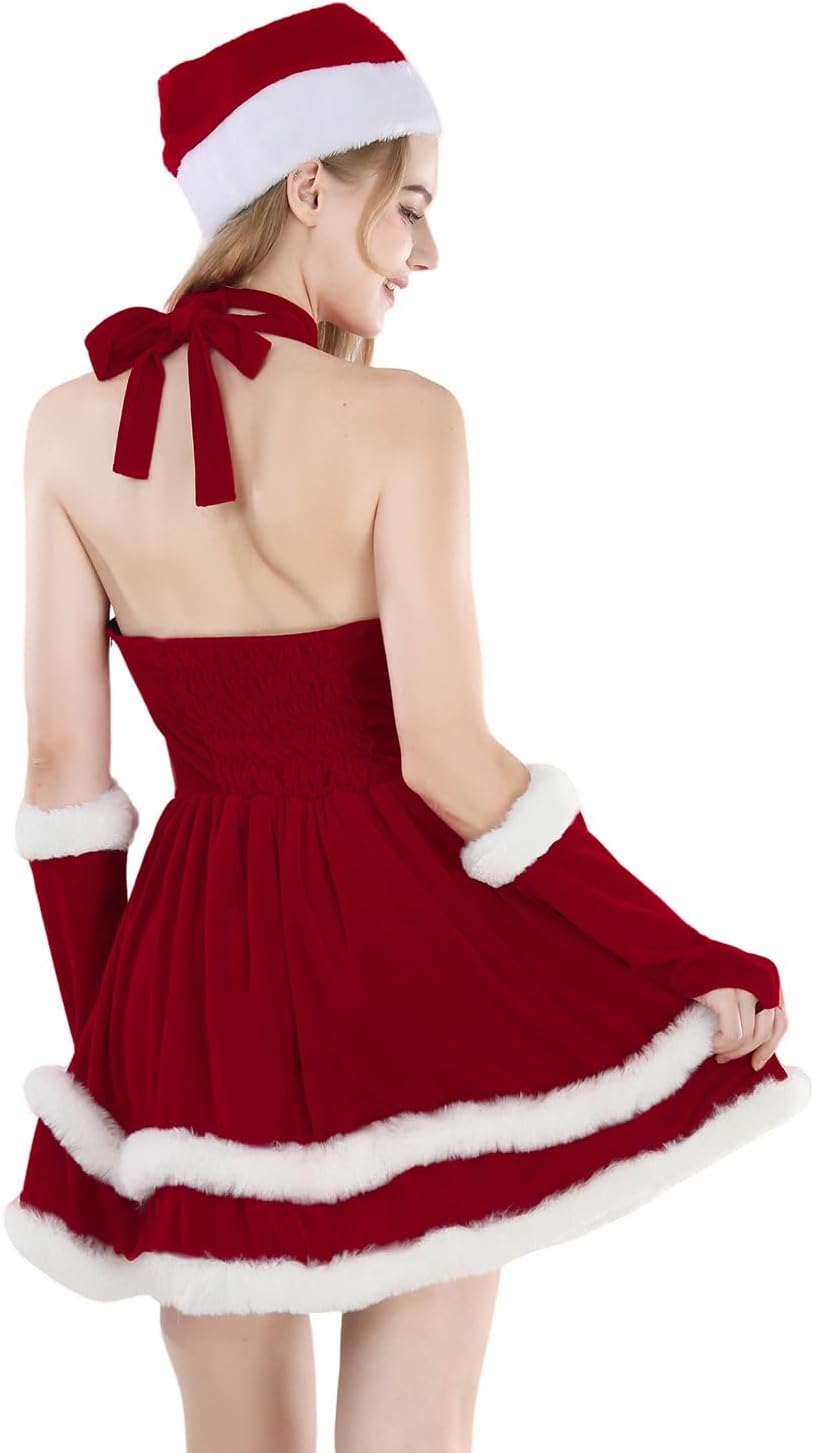 LTAKK Women Santa Dress Mrs Claus Costume Christmas Velvet Mini Dresses Santa Outfit - Image 6
