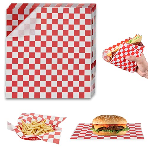 Papel para hamburguesas, 100 hojas de pergamino a cuadros, forro antiadherente para cestas, papel encerado impermeable para envolver alimentos a prueba de grasa para barbacoa, sándwiches, hamburguesas