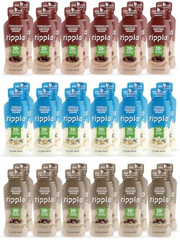 Ripple Vegan Protein Shake, Chocolate 12 Fl Oz (12 Pack) & Vanilla (12 Pack) & Coffee (12 Pack) | 36 Pack