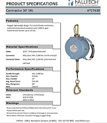FallTech G727630 Self-Retracting Lifeline, 30 ft, Blue