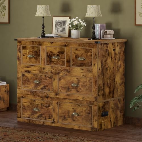 Image of AMERLIFE Twin Size Murphy Bed, Farmhouse Wooden Cabinet with Charging Station and Storage Drawer for Bedroom /Office /Guest Room, Rustic Brown