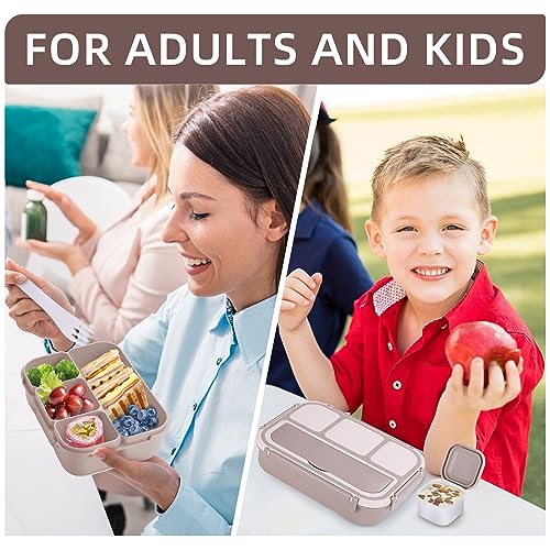 Image of QQKO Bento Box Adult Lunch Box, Lunch Containers for Adults Men Women, Kids Lunch Boxes for School with 4 Compartments, Sauce Container, Utensils and Muffin Cups, Brown