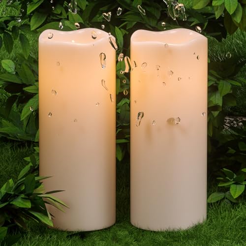 Image of Eldnacele 10 inchx4 inch Large Waterproof Outdoor Flameless Candles Remote and Timer, Battery Operated White Plastic LED Flickering Pillar Candles 2 Pack for Dinner Wedding Porch Garden Lanterns Home Decor