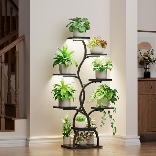 Image of Plant Stand Indoor with Grow Light - 8 Tiered Corner Plant Shelf Indoor | 49 inch Plant Holder with Lights for Indoor Growing, Tall Lighted Flower Stand for Living Room, Balcony, Black