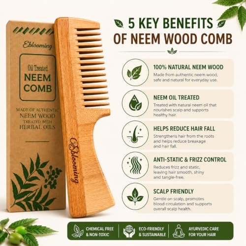 Image of Neem Wooden Handle Comb | Wooden Hair Comb for Women & Men | Smooth Rounded Teeth Detangling Comb | Comfortable Grip Handle for Everyday Hair Care & Styling | 1 Piece