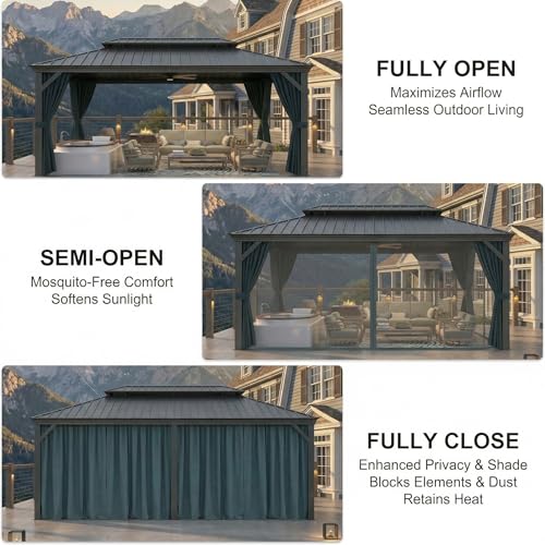 Image of HOTEEL 10x15 Hardtop Gazebo On Clearance with Galvanized Steel Double Roof,Heavy Duty Gazebo with Flame-Retardant Curtain & Netting, Permanent Pavilion Outdoor for Patio, Frame Thickened, Black