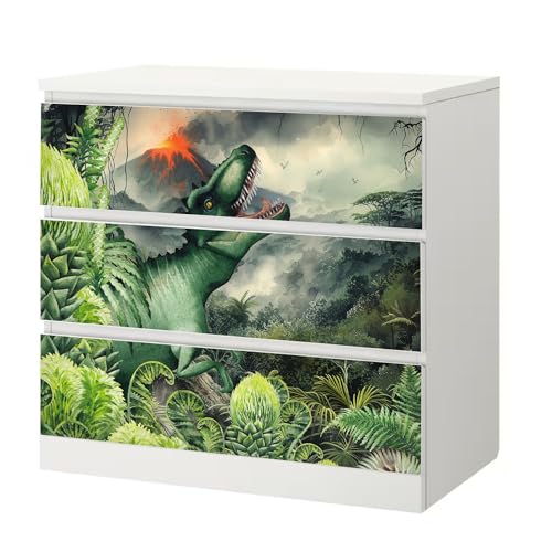 Sunnywall® Möbelfolie passend für IKEA Malm Kommode Schrankfolie Aufkleber mit Dinosaurier T-Rex Motiv | blasenfrei verkleben | Kinderzimmer 3er 80 cm