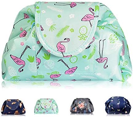 Lazy Drawstring Makeup Bags, Large Capacity Waterproof Travel Portable Cosmetic Bag Pouch Makeup Pouch Storage Organiser for Women Girl (Navy Flamingo)