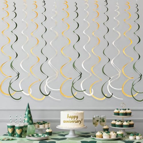 Image of 36Pcs Sage Green Gold Hanging Swirl Decorations Glitter Gold Olive Green Beige Felt Swirl Streamer Spiral Ceiling Garland for Wild One Jungle Woodland Safari Neutral Birthday Wedding Party Supplies