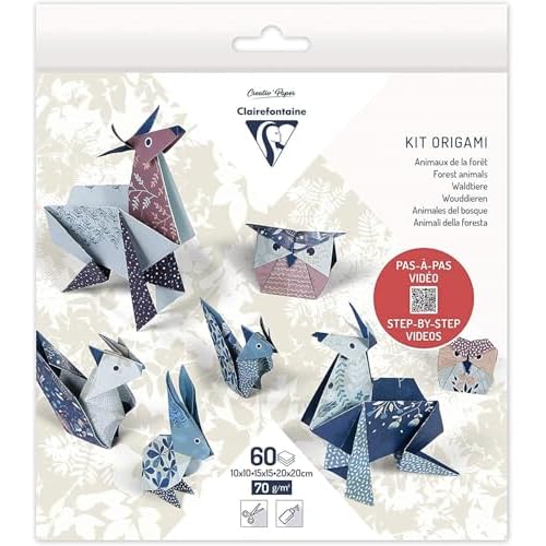 Clairefontaine 95368C – Kit de 60 hojas de papel origami de 70 g/m², 3 formatos: 10 x 10 cm, 15 x 15 cm, 20 x 20 cm + paso a paso, 4 modelos diferentes, con 5 ilustraciones diferentes, animales