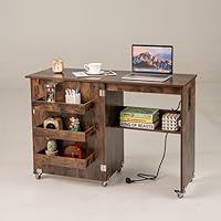 FANTASK 2 in 1 Zusammenklappbarer Nähtisch, Nähmaschinenschrank mit Ladestation, Regalen und abschließbaren Rädern, Nähtisch aus Holz, Mehrzweck-Bastelstation für Wohnzimmer, Schlafzimmer (Braun)