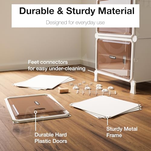 Image of BOXJOY 4 Shelf White Shoe Rack with 2 Brown Doors, Magnets and 5 Hook Steel Holder for Home Storage Box Organizer, Hard PET Plastic with Metal Door Frame, Shoe Chappal Slipper Sandals Stand