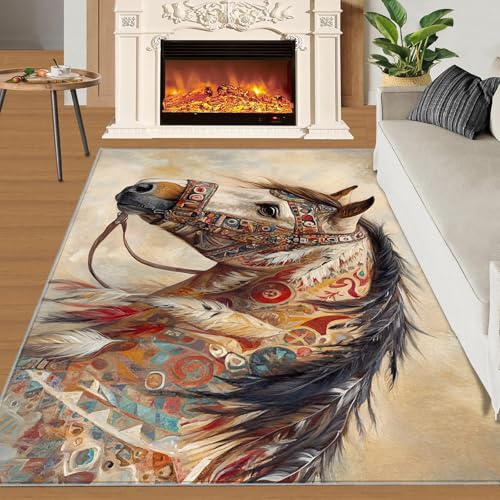 HYGIUID Tribal Folk Horse Area Rug 5x6 - Ethno-Boho Appaloosa Area Rugs for Kitchen, Western War Horse Bedroom Area Rug Kids Low Pile Rug for Indoor Outdoor Hardwood Floors Home Decor