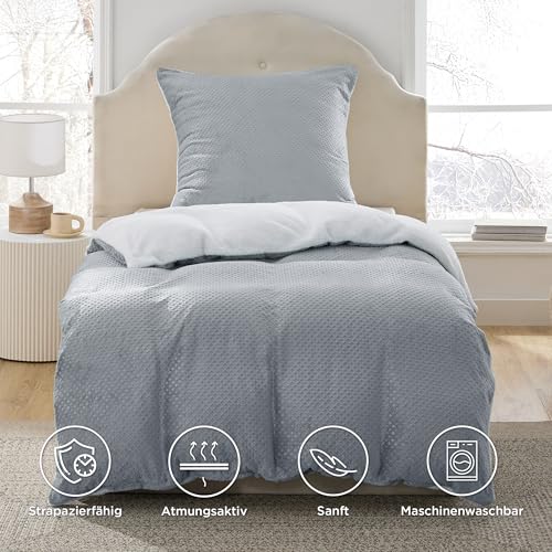 Bedsure Flauschige Bettwäsche 135x200 Grau - Winter Bettbezug Fleece mit 80x80 cm Kissenbezug, Warme -Sets mit Reißverschluss, Kuschel Waffelpique Winterbettwäsche für Einzelbett, 2 Stück